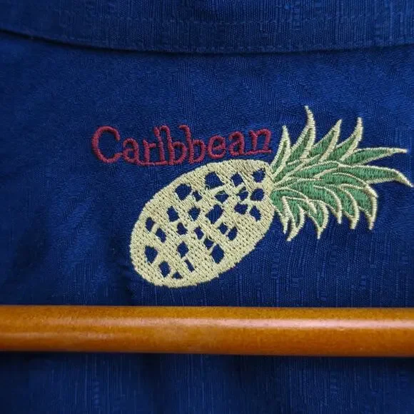 Caribbean 100% Silk Shirt Mens XL Navy Palm Textured Tropical Short Sleeve - Picture 3 of 11